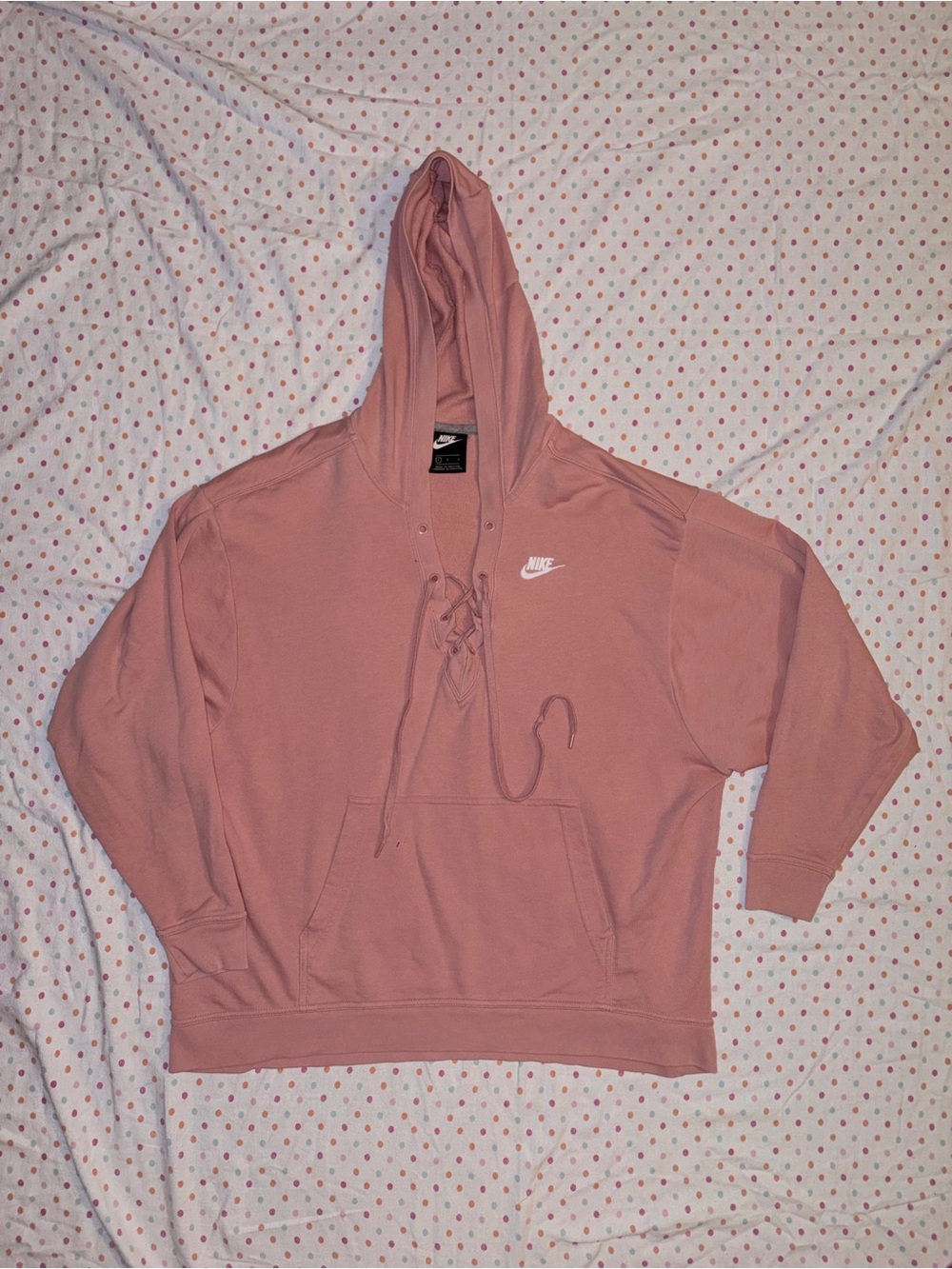 Nike Lace Up Hoodie Pink Oversized Pullover Sweatshirt Large